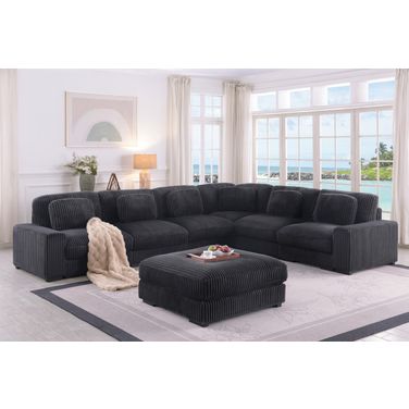 Sloane 151 Inch Corduroy Fabric Reversible L-Shape Modular Sectional Sofa with Ottoman In Charcoal