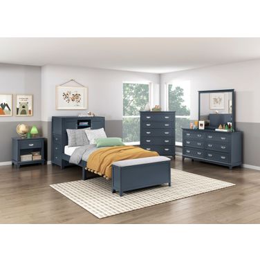 Sloane Youth Bookcase Platform Bedroom Set with Hidden Desk, Stool and Bench In Blue
