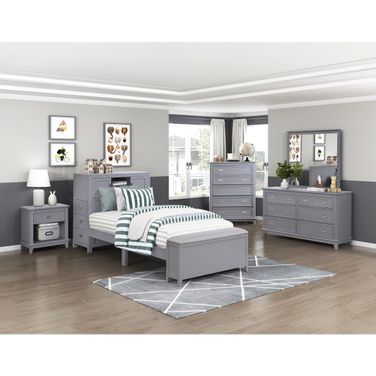 Sloane Youth Bookcase Platform Bedroom Set with Hidden Desk, Stool and Bench In Gray