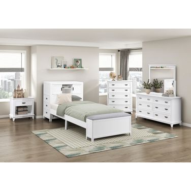 Sloane Youth Bookcase Platform Bedroom Set with Hidden Desk, Stool and Bench In White