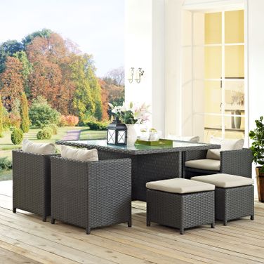 Sojourn Antique Canvas Beige 9 Piece Outdoor Patio Sunbrella Dining Set EEI-1946-CHC-BEI-SET