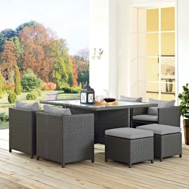 Sojourn Canvas Gray 9 Piece Outdoor Patio Sunbrella Dining Set EEI-1946-CHC-GRY-SET