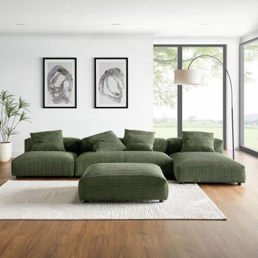 Solace 4-Piece Modular Corduroy Upholstered Sectional Sofa With Ottoman In Fern