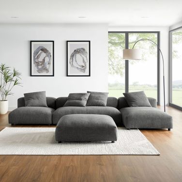 Solace 4-Piece Modular Upholstered Fabric Sectional Sofa With Ottoman In Charcoal