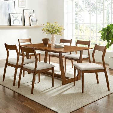 Solara 7-Piece Wood Dining Set With Fabric Upholstered Side Chairs In Walnut and Heathered Weave Beige