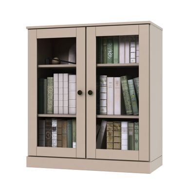 Solid Wood 3-Shelf Bookcase With Clear Glass Doors And Adjustable Shelves In Beige