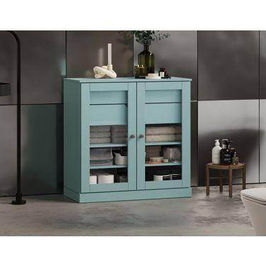 Solid Wood 32" Bathroom Storage Cabinet With Clear Glass Doors And 2-Drawers In Aqua