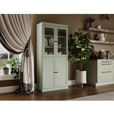 Solid Wood 32" Pantry Cabinet With Clear Glass And Shaker Doors In Sage
