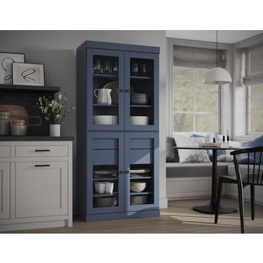 Solid Wood 32" Pantry Cabinet With Clear Glass Doors And 2-Drawers In Antique Blue