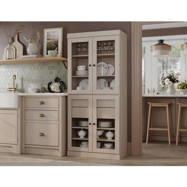 Solid Wood 32" Pantry Cabinet With Clear Glass Doors And 2-Drawers In Beige