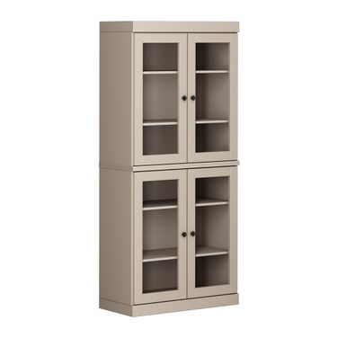 Solid Wood 32" Pantry Cabinet With Clear Glass Doors And Adjustable Shelves In Beige