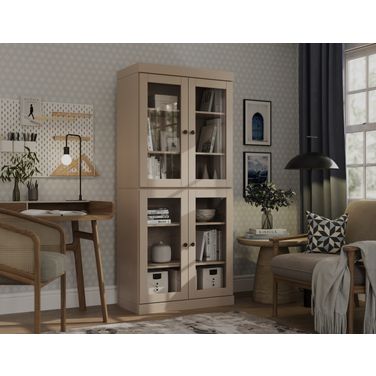Solid Wood 6-Shelf Bookcase With Clear Glass Doors And Adjustable Shelves In Beige