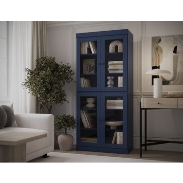Solid Wood 6-Shelf Bookcase With Clear Glass Doors And Adjustable Shelves In Navy Blue
