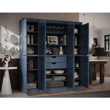 Solid Wood 65" Pantry Cabinet With Shaker Doors And 2-Drawers In Antique Blue
