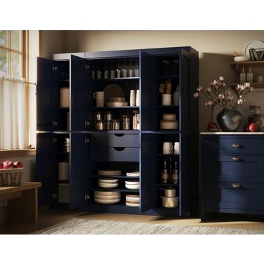 Solid Wood 65" Pantry Cabinet With Shaker Doors And 2-Drawers In Navy Blue