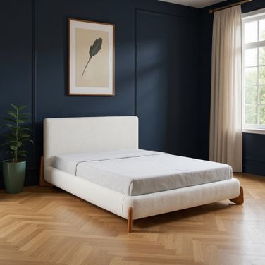 Solid Wood and Boucle Queen Bed Frame In Ivory