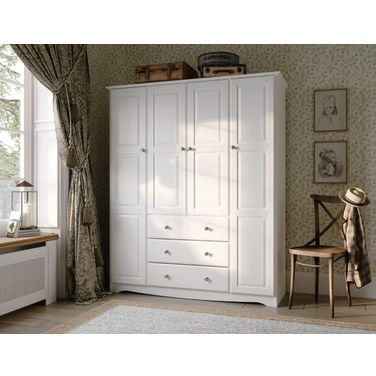 Solid Wood Family Wardrobe In White With Metal Knobs
