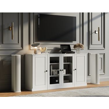 Solid Wood Tv Stand With Clear Glass Doors And Adjustable Shelves In White