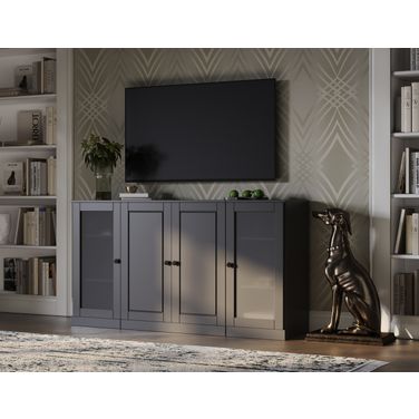Solid Wood Tv Stand With Frosted Glass Doors And Adjustable Shelves In Gray
