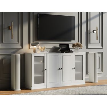 Solid Wood Tv Stand With Frosted Glass Doors And Adjustable Shelves In White
