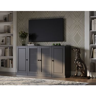 Solid Wood Tv Stand With Raised Panel And Frosted Glass Doors In Gray