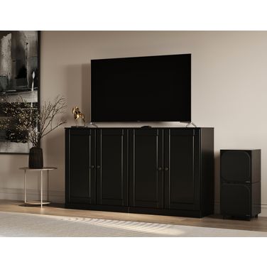 Solid Wood Tv Stand With Raised Panel Doors And Adjustable Shelves In Black