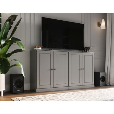 Solid Wood Tv Stand With Raised Panel Doors And Adjustable Shelves In Gray