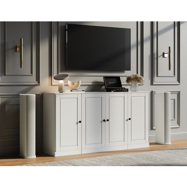 Solid Wood Tv Stand With Raised Panel Doors And Adjustable Shelves In White