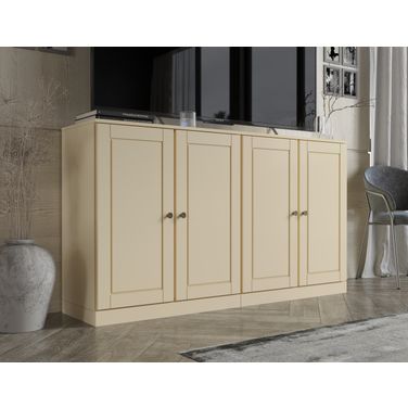 Solid Wood Tv Stand With Raised Panel Doors And Adjustable Shelves In Yellow