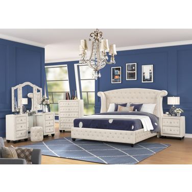 Sophia Crystal Tufted 4PC Vanity Queen Bedroom Set In Cream