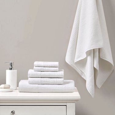 Spa Waffle Cotton Waffle Jacquard Antimicrobial Bath Towel 6 Piece Set In White