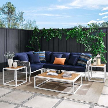 Stance 7 Piece Outdoor Patio Aluminum Sectional Sofa Set In White Navy