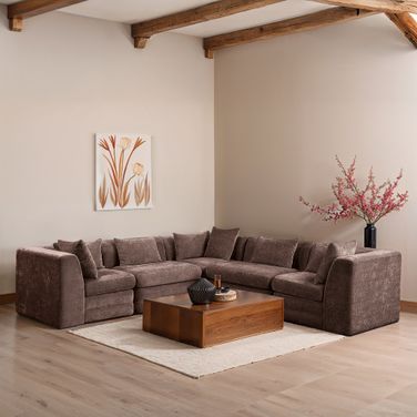 Stellar 114 Inch Chenille Fabric Upholstered 5 Piece Modular Sectional In Brown