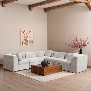 Stellar 114 Inch Chenille Fabric Upholstered 5 Piece Modular Sectional In Cream