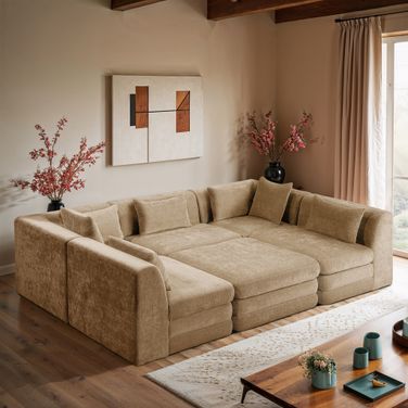 Stellar 114 Inch Chenille Fabric Upholstered 6 Piece Modular Sectional In Beige