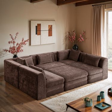 Stellar 114 Inch Chenille Fabric Upholstered 6 Piece Modular Sectional In Brown
