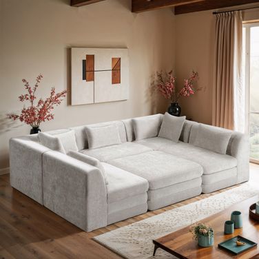 Stellar 114 Inch Chenille Fabric Upholstered 6 Piece Modular Sectional In Cream