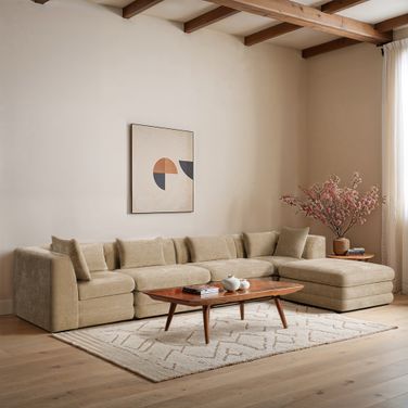 Stellar 152 Inch Chenille Fabric Upholstered 5 Piece Modular Sectional In Beige