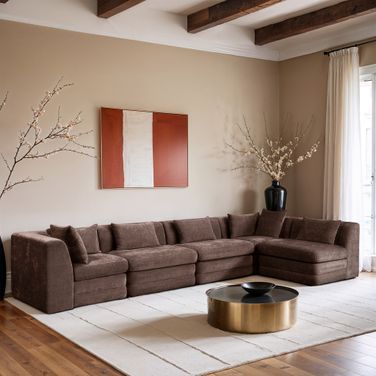 Stellar 152 Inch Chenille Fabric Upholstered 5 Piece Modular Sectional In Brown