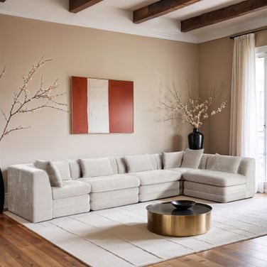 Stellar 152 Inch Chenille Fabric Upholstered 5 Piece Modular Sectional In Cream