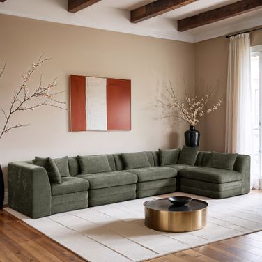 Stellar 152 Inch Chenille Fabric Upholstered 5 Piece Modular Sectional In Green