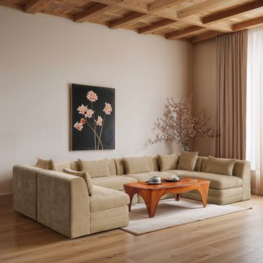 Stellar 152 Inch Chenille Fabric Upholstered 6 Piece Modular Sectional In Beige