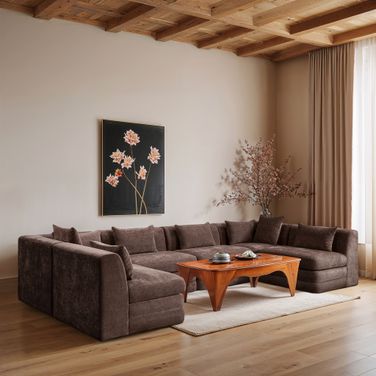 Stellar 152 Inch Chenille Fabric Upholstered 6 Piece Modular Sectional In Brown