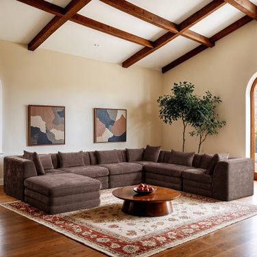 Stellar 152 Inch Chenille Fabric Upholstered 7 Piece Modular Sectional In Brown