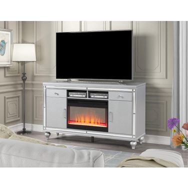 Sterling Solid Wood Tv Stand With Electric Fireplace In Silver