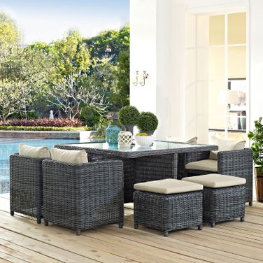 Summon Antique Canvas Beige 9 Piece Outdoor Patio Sunbrella Dining Set