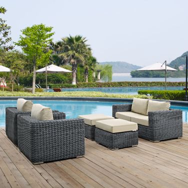 Summon Canvas Antique Beige 5 Piece Outdoor Patio Sunbrella Sectional Set EEI-1893-GRY-BEI-SET