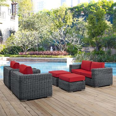 Summon Canvas Red 5 Piece Outdoor Patio Sunbrella Sectional Set EEI-1893-GRY-RED-SET