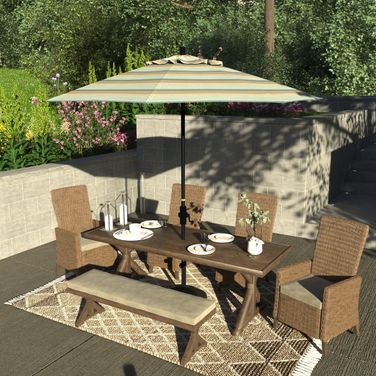 Sun Master 9' Patio Umbrella with Aluminum Pole Fiberglass Ribs Collar Tilt Crank Lift with Sunbrella Fabric In Gateway Mist and Matte Black