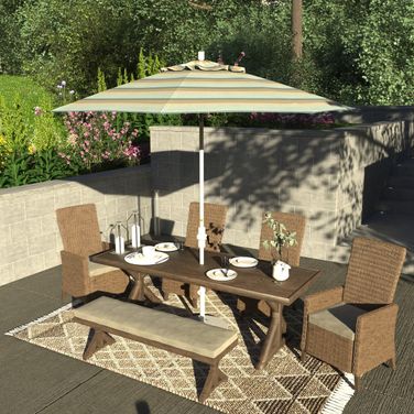 Sun Master 9' Patio Umbrella with Aluminum Pole Fiberglass Ribs Collar Tilt Crank Lift with Sunbrella Fabric In Gateway Mist and Matte White